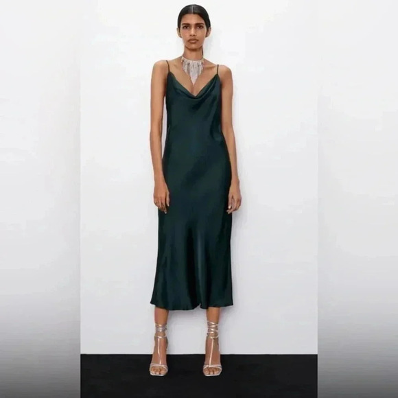 ZARA NWOT COWL NECK SATIN SLIP DRESS Olive green size medium - Picture 1 of 6